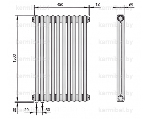 Трубчатый дизайн-радиатор производства ARBONIA (Германия), модель 2150, 10 секций, нижнее подключение 69 (слева)/89 (справа)