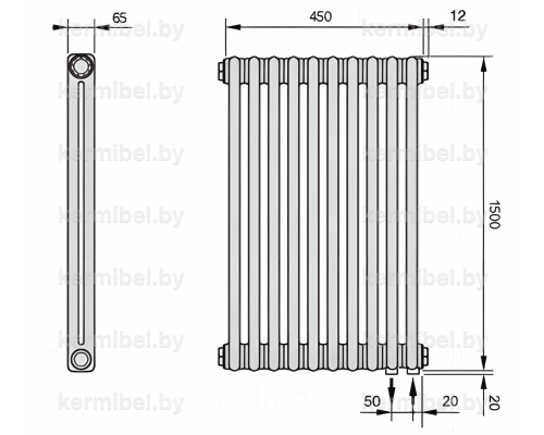 Трубчатый дизайн-радиатор производства ARBONIA (Германия), модель 2150, 10 секций, нижнее подключение 69 (слева)/89 (справа)