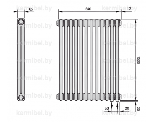 Трубчатый дизайн-радиатор производства ARBONIA (Германия), модель 2150, 12 секций, нижнее подключение 69 (слева)/89 (справа)