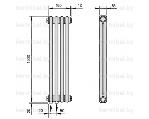 Трубчатый дизайн-радиатор производства ARBONIA (Германия), модель 2150, 4 секции, нижнее подключение 69 (слева)/89 (справа)
