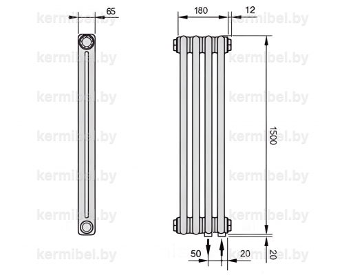 Трубчатый дизайн-радиатор производства ARBONIA (Германия), модель 2150, 4 секции, нижнее подключение 69 (слева)/89 (справа)