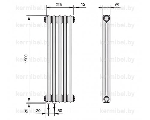 Трубчатый дизайн-радиатор производства ARBONIA (Германия), модель 2150, 5 секций, нижнее подключение 69 (слева)/89 (справа)