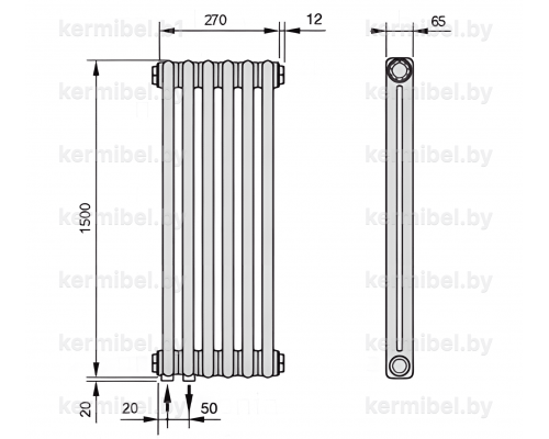 Трубчатый дизайн-радиатор производства ARBONIA (Германия), модель 2150, 6 секций, нижнее подключение 69 (слева)/89 (справа)