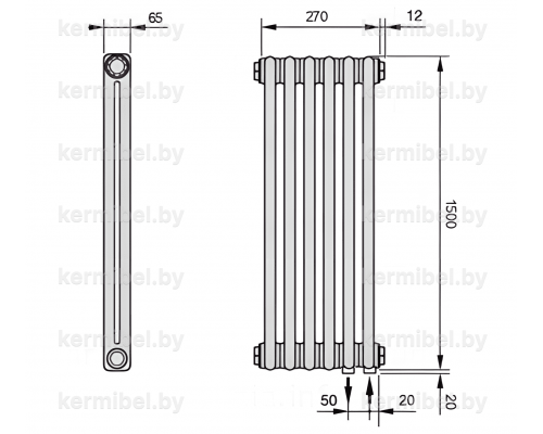 Трубчатый дизайн-радиатор производства ARBONIA (Германия), модель 2150, 6 секций, нижнее подключение 69 (слева)/89 (справа)