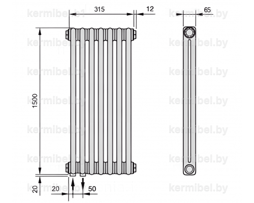Трубчатый дизайн-радиатор производства ARBONIA (Германия), модель 2150, 7 секций, нижнее подключение 69 (слева)/89 (справа)