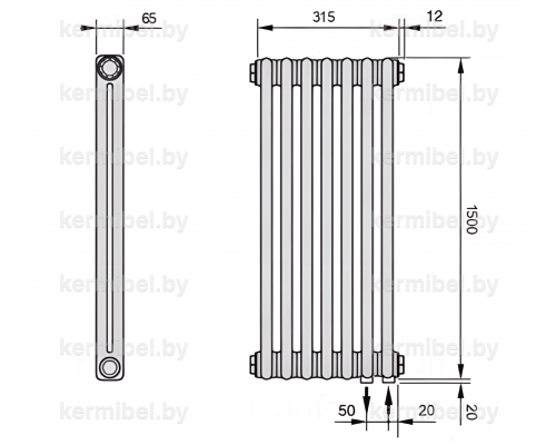 Трубчатый дизайн-радиатор производства ARBONIA (Германия), модель 2150, 7 секций, нижнее подключение 69 (слева)/89 (справа)