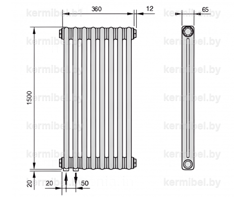 Трубчатый дизайн-радиатор производства ARBONIA (Германия), модель 2150, 8 секций, нижнее подключение 69 (слева)/89 (справа)