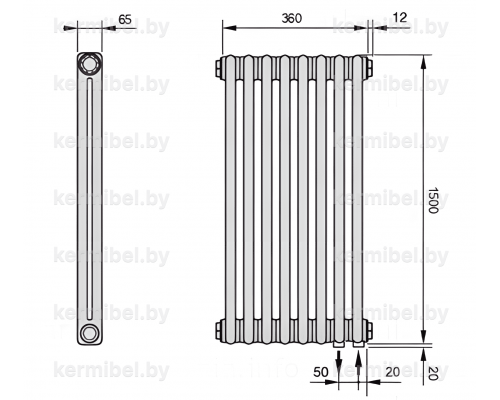 Трубчатый дизайн-радиатор производства ARBONIA (Германия), модель 2150, 8 секций, нижнее подключение 69 (слева)/89 (справа)