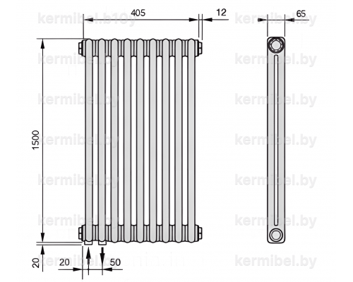 Трубчатый дизайн-радиатор производства ARBONIA (Германия), модель 2150, 9 секций, нижнее подключение 69 (слева)/89 (справа)