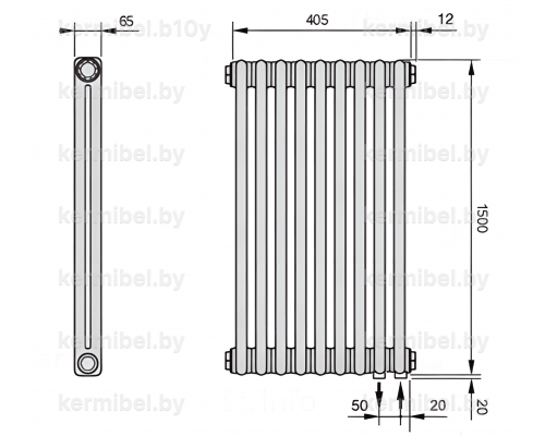 Трубчатый дизайн-радиатор производства ARBONIA (Германия), модель 2150, 9 секций, нижнее подключение 69 (слева)/89 (справа)
