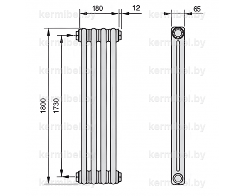 Трубчатый дизайн-радиатор производства ARBONIA (Германия), модель 2180, 4 секции, боковое подключение 12 (слева)/34 (справа)