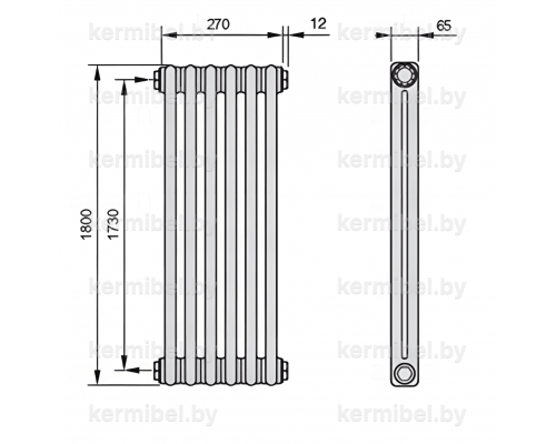 Трубчатый дизайн-радиатор производства ARBONIA (Германия), модель 2180, 6 секций, боковое подключение 12 (слева)/34 (справа)
