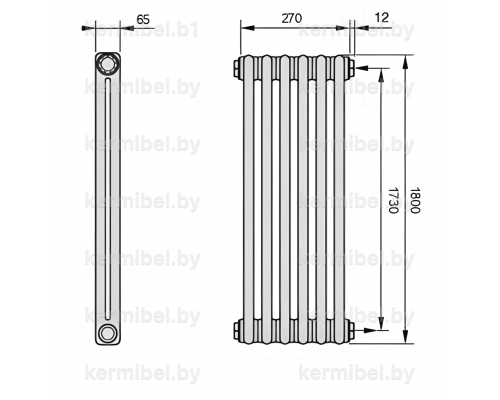Трубчатый дизайн-радиатор производства ARBONIA (Германия), модель 2180, 6 секций, боковое подключение 12 (слева)/34 (справа)