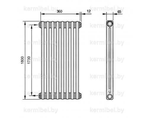 Трубчатый дизайн-радиатор производства ARBONIA (Германия), модель 2180, 8 секций, боковое подключение 12 (слева)/34 (справа)