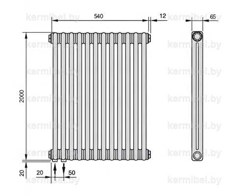 Трубчатый дизайн-радиатор производства ARBONIA (Германия), модель 2200, 12 секций, нижнее подключение 69 (слева)/89 (справа)