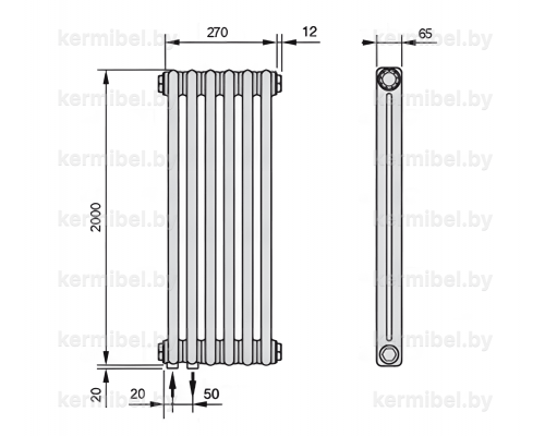 Трубчатый дизайн-радиатор производства ARBONIA (Германия), модель 2200, 6 секций, нижнее подключение 69 (слева)/89 (справа)