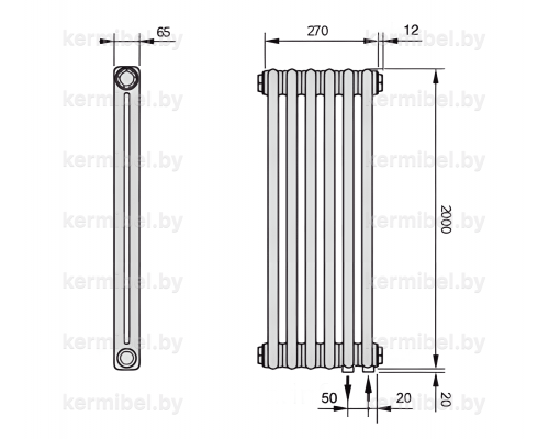 Трубчатый дизайн-радиатор производства ARBONIA (Германия), модель 2200, 6 секций, нижнее подключение 69 (слева)/89 (справа)