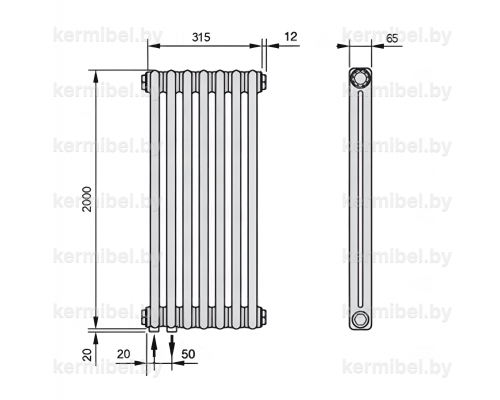 Трубчатый дизайн-радиатор производства ARBONIA (Германия), модель 2200, 7 секций, нижнее подключение 69 (слева)/89 (справа)