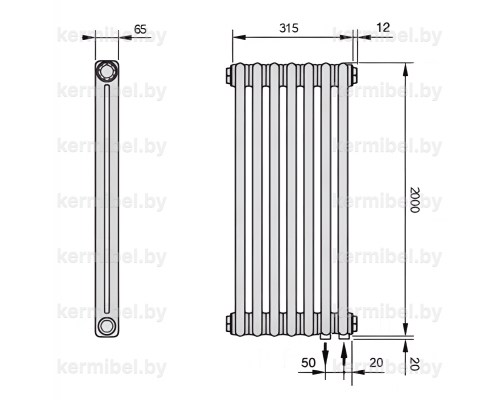 Трубчатый дизайн-радиатор производства ARBONIA (Германия), модель 2200, 7 секций, нижнее подключение 69 (слева)/89 (справа)