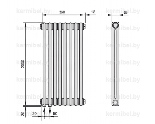 Трубчатый дизайн-радиатор производства ARBONIA (Германия), модель 2200, 8 секций, нижнее подключение 69 (слева)/89 (справа)
