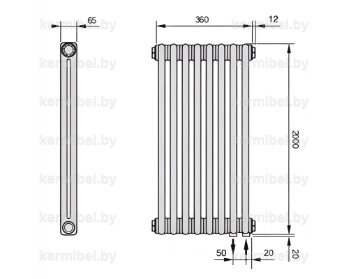 Трубчатый дизайн-радиатор производства ARBONIA (Германия), модель 2200, 8 секций, нижнее подключение 69 (слева)/89 (справа)