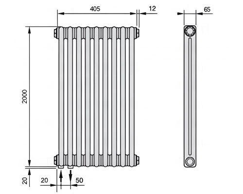 Трубчатый дизайн-радиатор производства ARBONIA (Германия), модель 2200, 9 секций, нижнее подключение 69 (слева)/89 (справа)