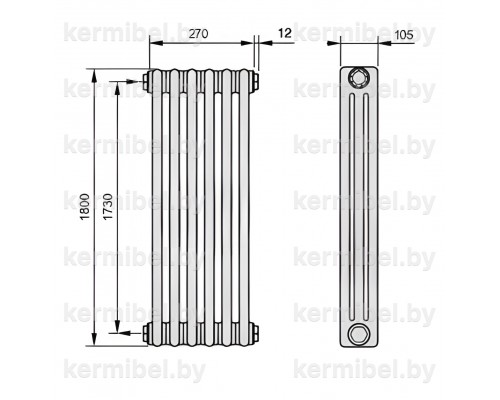 Трубчатый дизайн-радиатор производства ARBONIA (Германия), модель 3180, 6 секций, боковое подключение 12 (слева)/34 (справа)