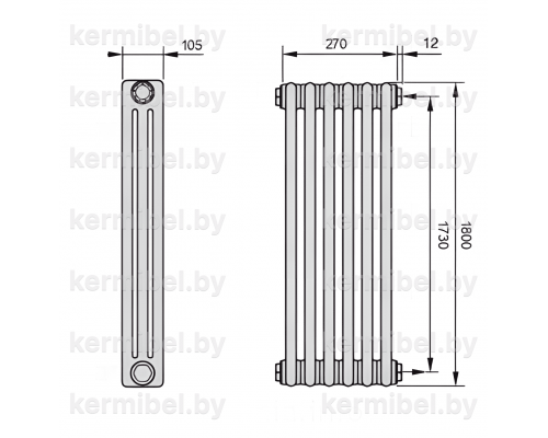 Трубчатый дизайн-радиатор производства ARBONIA (Германия), модель 3180, 6 секций, боковое подключение 12 (слева)/34 (справа)