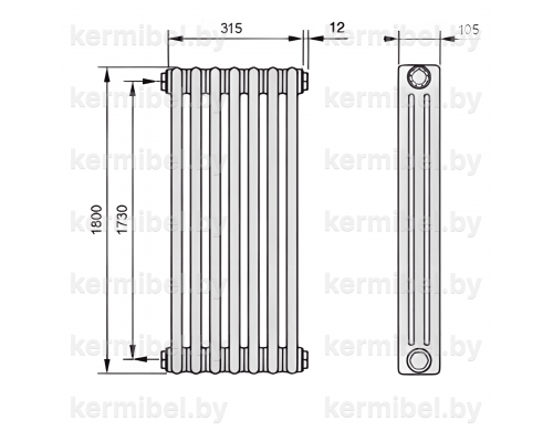 Трубчатый дизайн-радиатор производства ARBONIA (Германия), модель 3180, 7 секций, боковое подключение 12 (слева)/34 (справа)