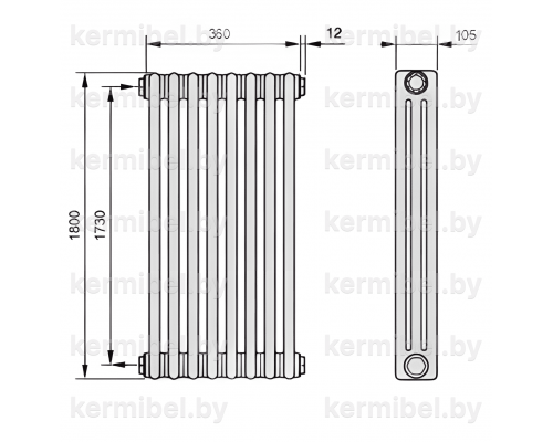 Трубчатый дизайн-радиатор производства ARBONIA (Германия), модель 3180, 8 секций, боковое подключение 12 (слева)/34 (справа)
