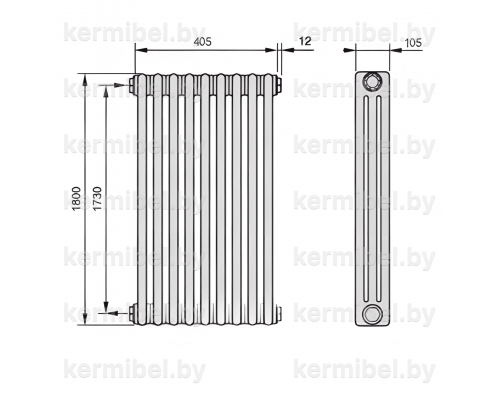 Трубчатый дизайн-радиатор производства ARBONIA (Германия), модель 3180, 9 секций, боковое подключение 12 (слева)/34 (справа)