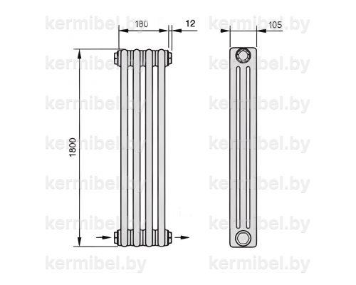 Трубчатый дизайн-радиатор производства ARBONIA (Германия), модель 3180, 4 секций, нижнее разностороннее подключение 24 (слева направо)/42 (справа налево)