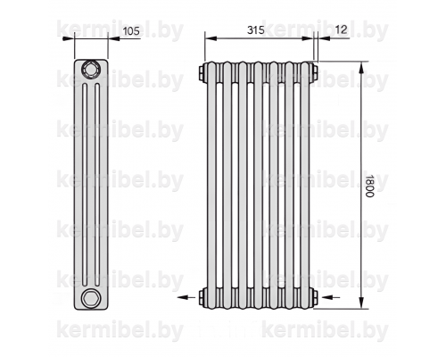 Трубчатый дизайн-радиатор производства ARBONIA (Германия), модель 3180, 7 секций, нижнее разностороннее подключение 24 (слева направо)/42 (справа налево)