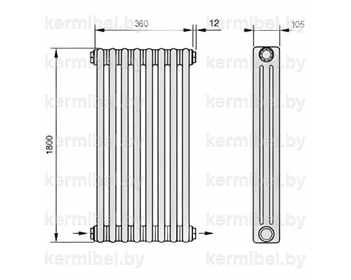 Трубчатый дизайн-радиатор производства ARBONIA (Германия), модель 3180, 8 секций, нижнее разностороннее подключение 24 (слева направо)/42 (справа налево)